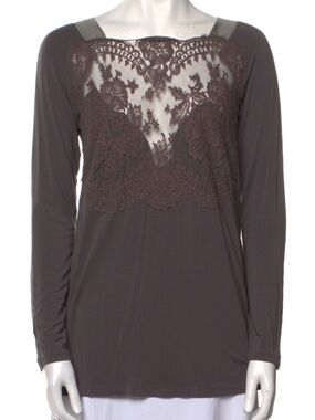 La Perla Long-Sleeve Lace Yoke Top - Dark Brown